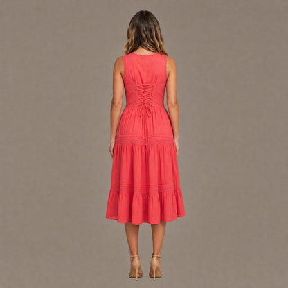 Back view of the red embroidered corset effect midi dress