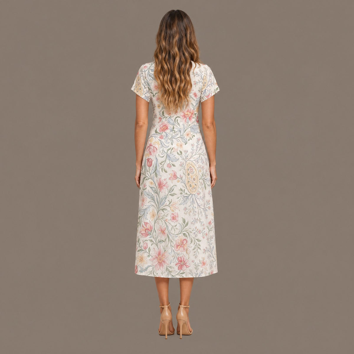 Back view of the floral print cotton blend midi dress
