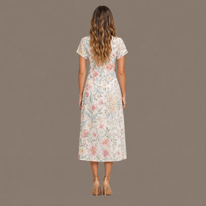 Back view of the floral print cotton blend midi dress