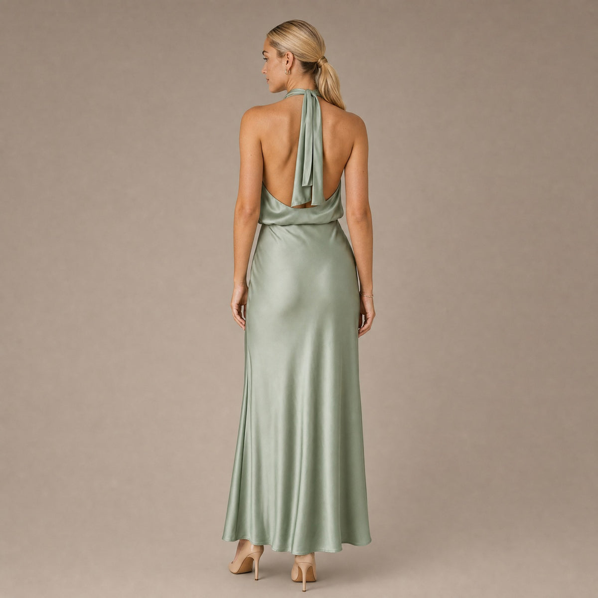 Back view of the light green halter neck long satin dress
