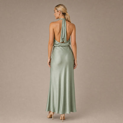 Back view of the light green halter neck long satin dress