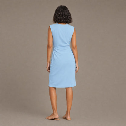 Back view of the azure blue lightweight midi slip dress