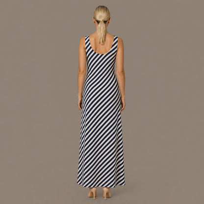 Back view of the navy stripe sleeveless midi dress