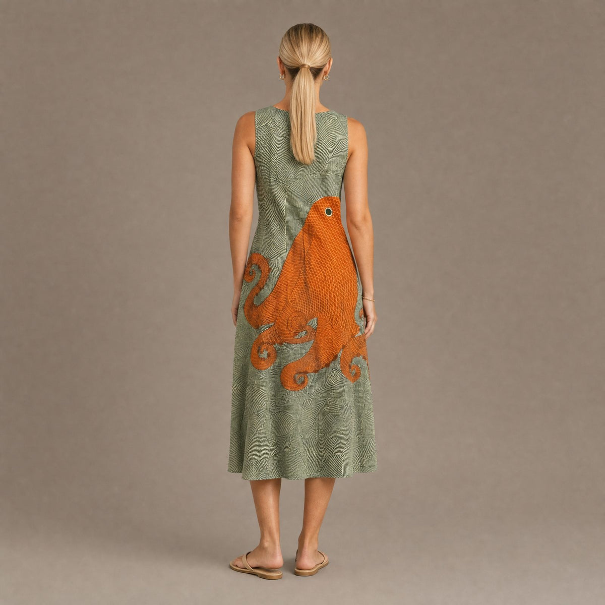 Back view of the green octopus print cotton sundress