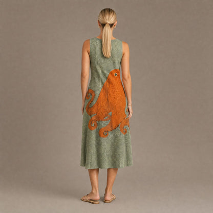 Back view of the green octopus print cotton sundress