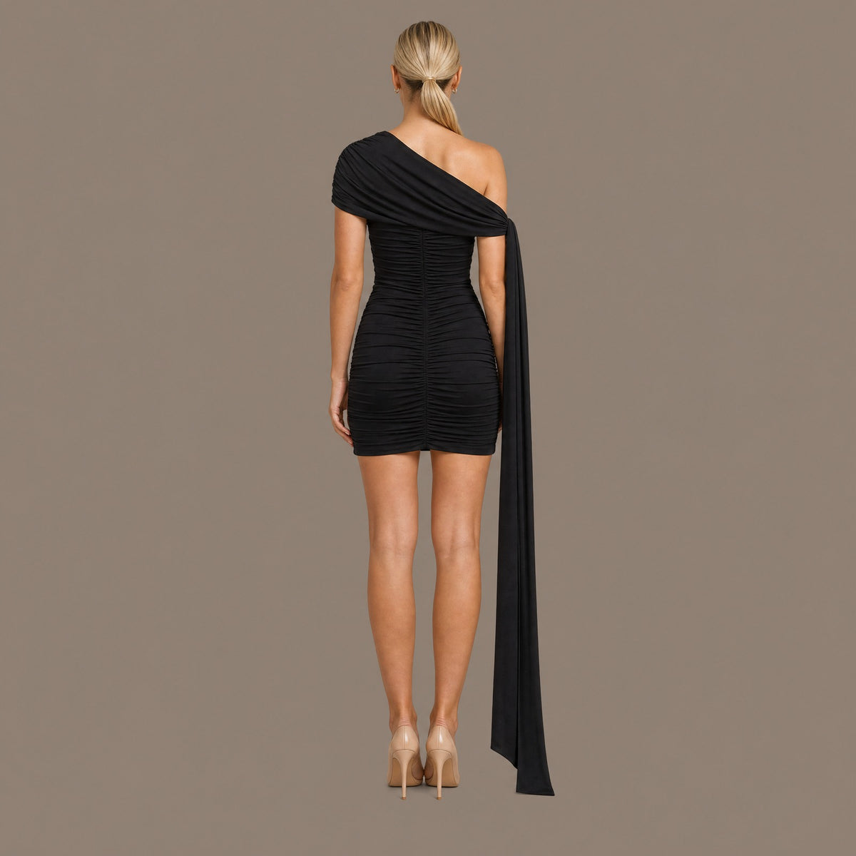 Back view of the black one shoulder bodycon mini cocktail dress