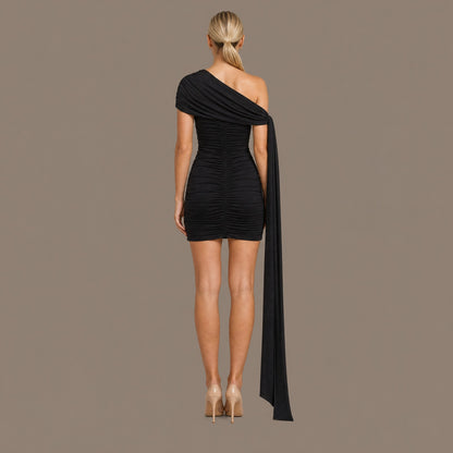 Back view of the black one shoulder bodycon mini cocktail dress