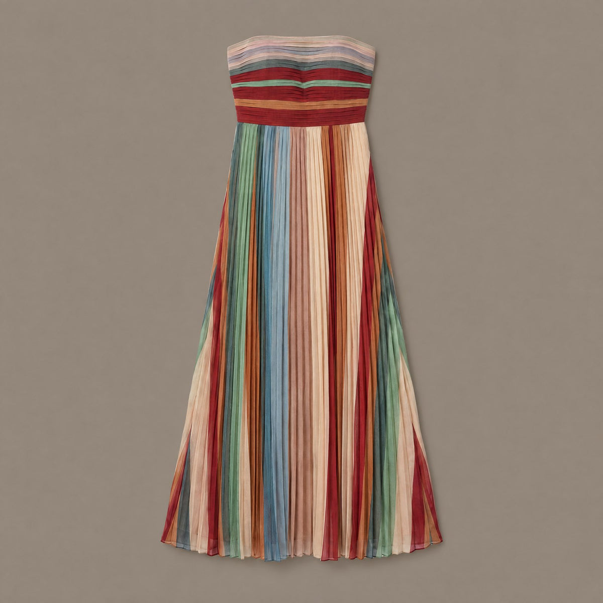 The pleated striped maxi dress photographed flat, showing the full stripe pattern