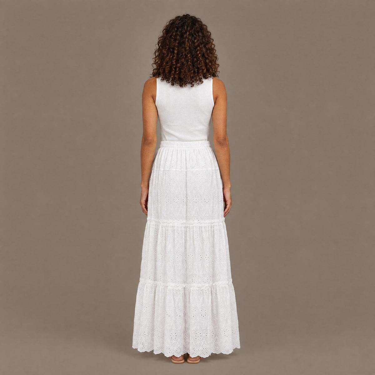 Back view of the white ribbed bodice eyelet lace maxi dress