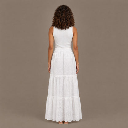 Back view of the white ribbed bodice eyelet lace maxi dress