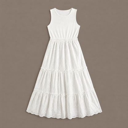 The white ribbed bodice eyelet lace maxi dress photographed flat
