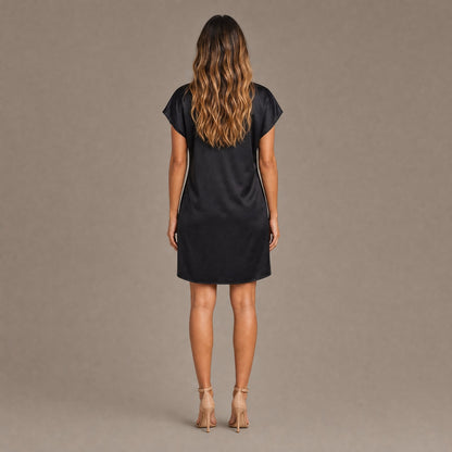Back view of the black round neck straight shift dress