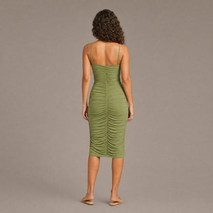 Back view of the green ruched bodycon dress