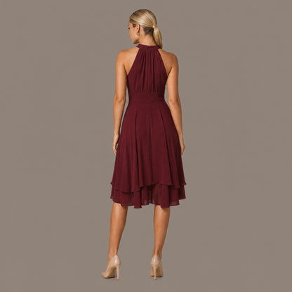 Back view of the red ruffle trim tiered dress