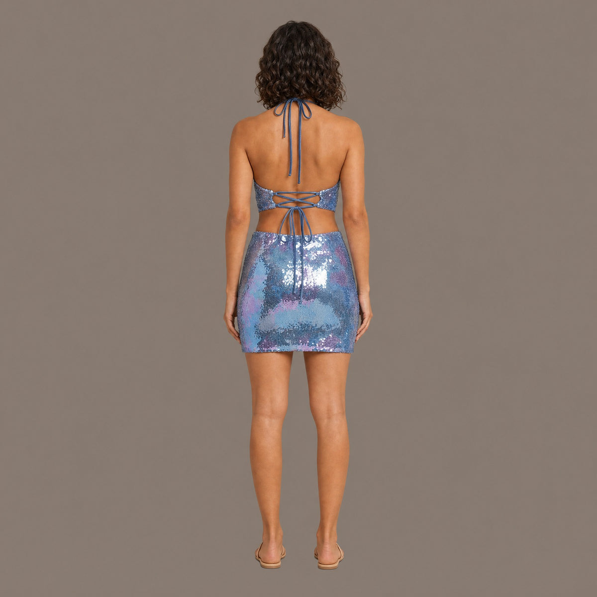 Back view of the blue sequin mesh cocktail dress