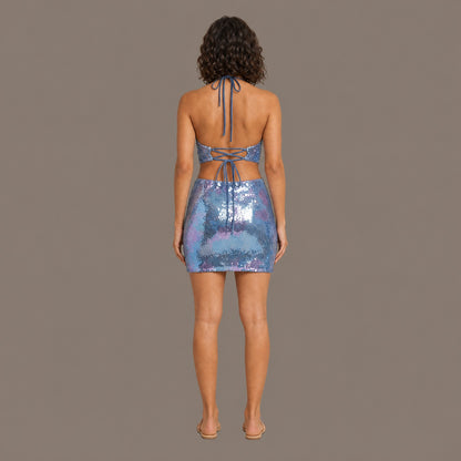 Back view of the blue sequin mesh cocktail dress