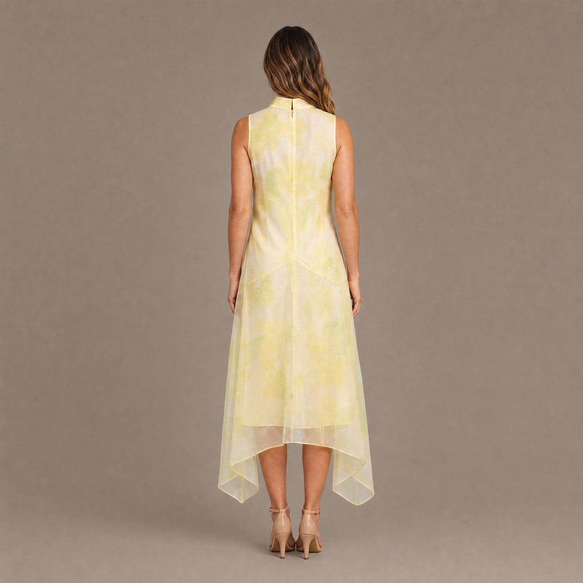 Back view of the lemon sheer organza overlay high-low midi dress