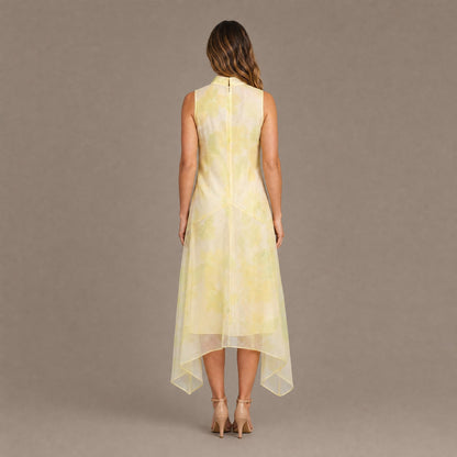 Back view of the lemon sheer organza overlay high-low midi dress