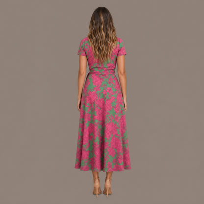 Back view of the green and pink soft bloom print wrap dress