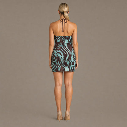 Back view of the brown zebra print halter bodycon dress